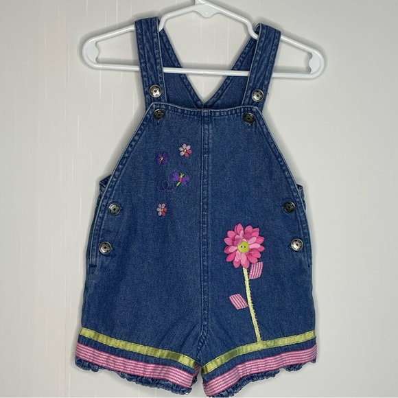 Vintage Other - Y2K Denim Embroidered Flower Butterfly Shortall Romper Toffee Apple 12 M